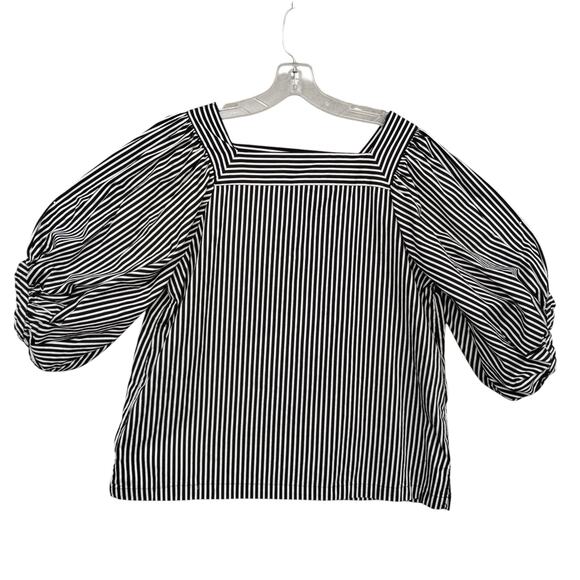 LOFT Boxy Puffy Sleeves Blouse Size Medium Black and White Stripes Square neck - Picture 6 of 6